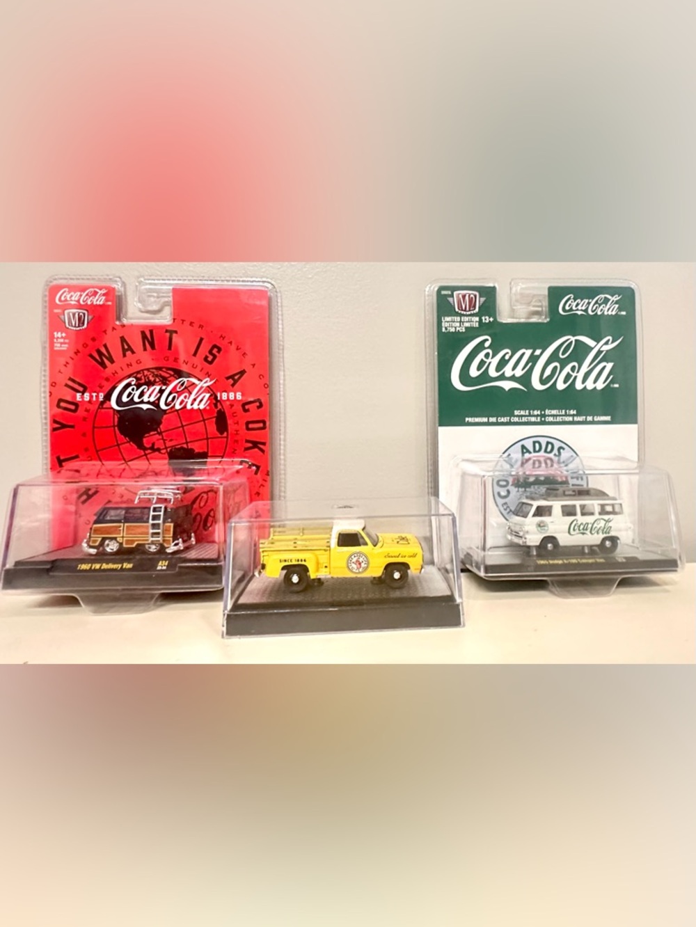 M2 Machines Coca-Cola Diecast 60 VW Van, 78 Dodge Truck, 65 Dodge Camper Van